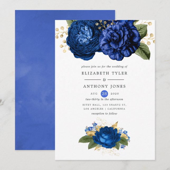 Invitación Boda floral real azul y oro (Anverso / Reverso)