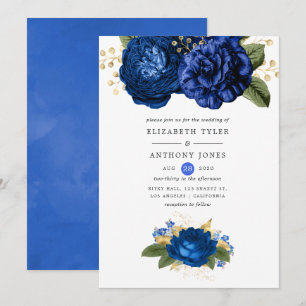 Invitación Boda floral real azul y oro