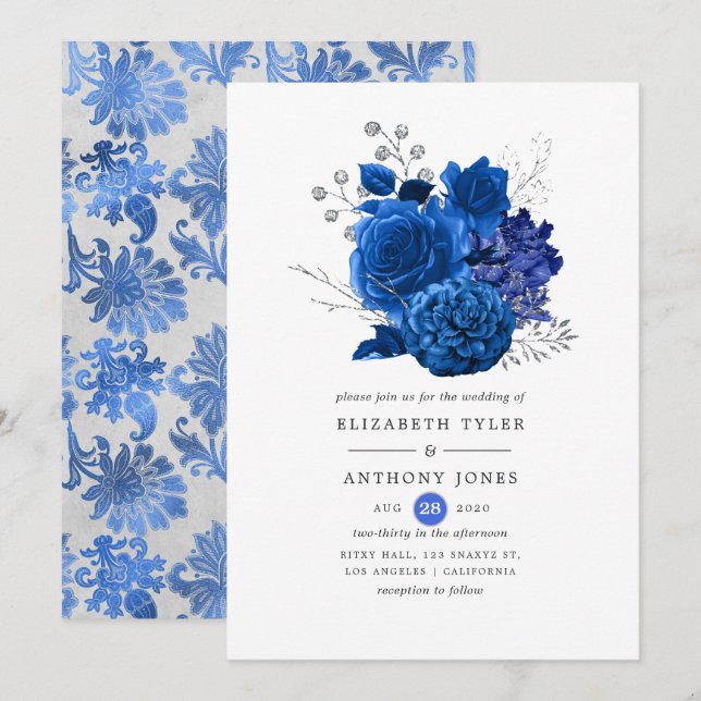 Invitación Boda floral real azul y plateado (Anverso / Reverso)