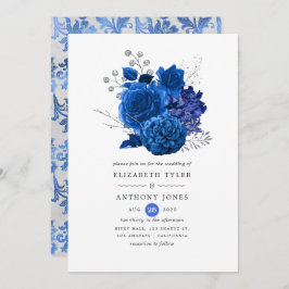 Invitación Boda floral real azul y plateado