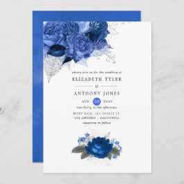 Invitación Boda floral real azul y plateado