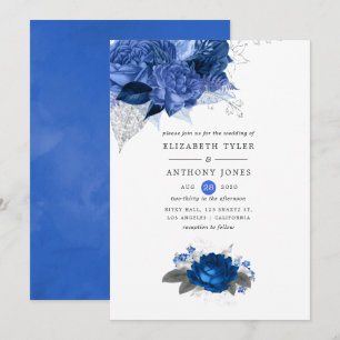 Invitación Boda floral real azul y plateado