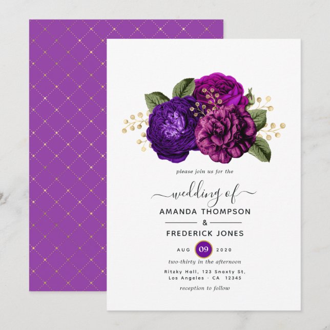 Invitación Boda floral real morado y dorado (Anverso / Reverso)