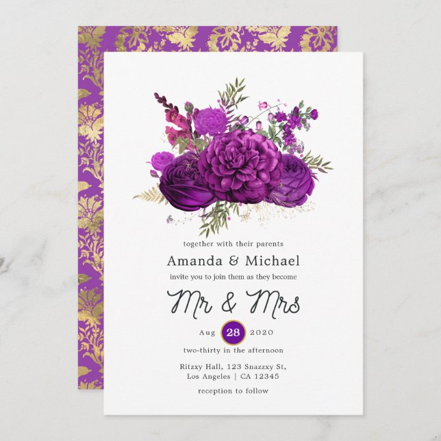 Invitación Boda floral real morado y dorado (Anverso / Reverso)