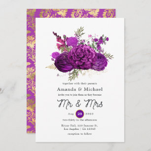 Invitación Boda floral real morado y dorado