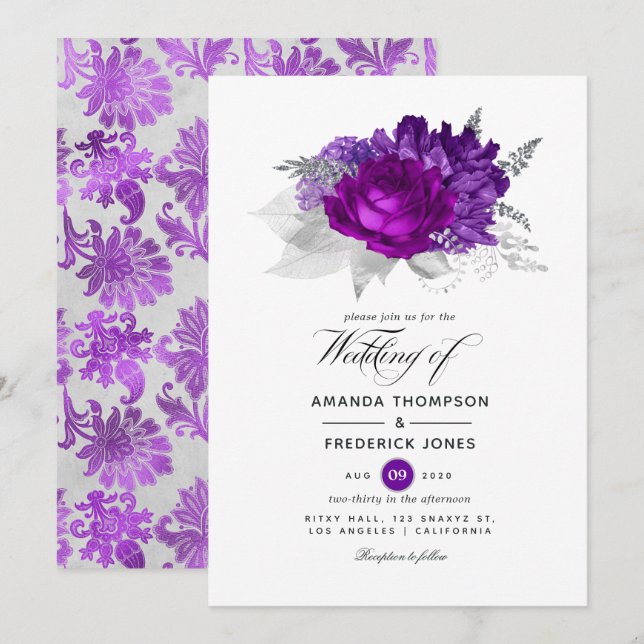 Invitación Boda floral real morado y plateado (Anverso / Reverso)