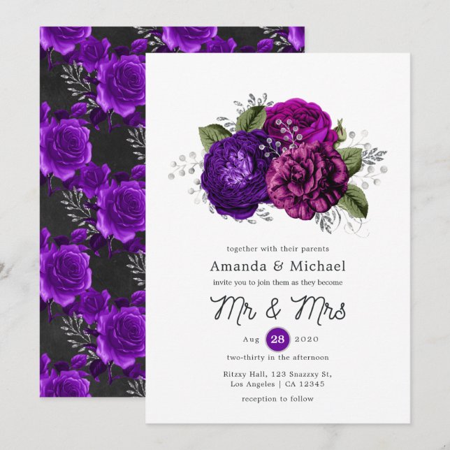 Invitación Boda floral real morado y plateado (Anverso / Reverso)