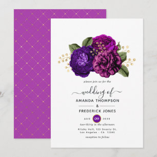 Invitación Boda floral real púrpura y dorado
