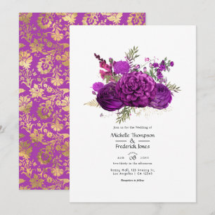 Invitación Boda floral real púrpura y dorado