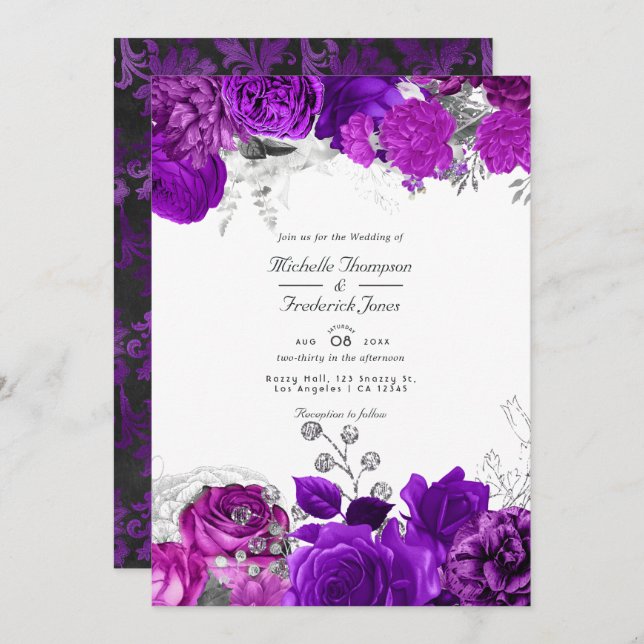 Invitación Boda floral real púrpura y plateado Código QR Rsvp (Anverso / Reverso)