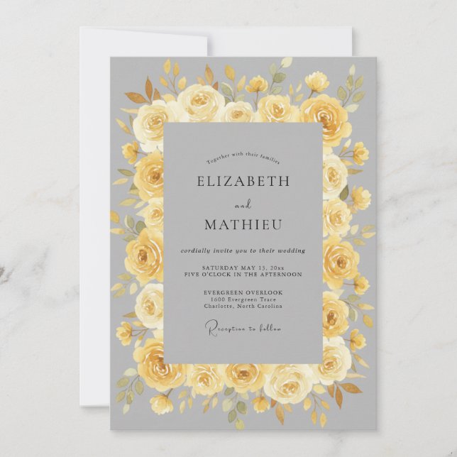 Invitación Boda Floral Refinada Amarillo Dorado (Anverso)