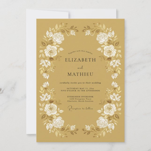 Invitación Boda Floral Refinada Amarillo Mostaza (Anverso)