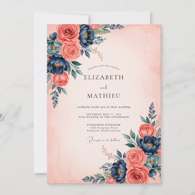 Invitación Boda floral refinada azul coral naval (Anverso)