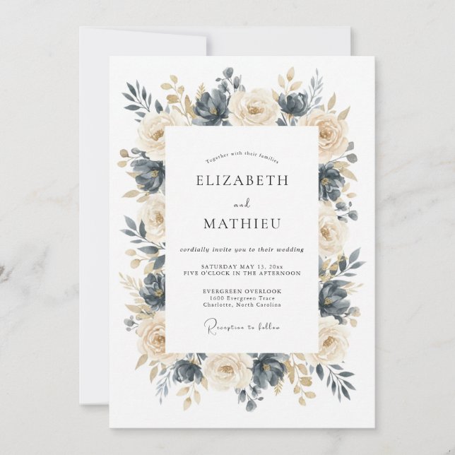 Invitación Boda Floral Refinada Champán Marina (Anverso)