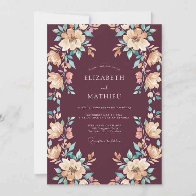 Invitación Boda Floral Refinada de Ciruela (Anverso)
