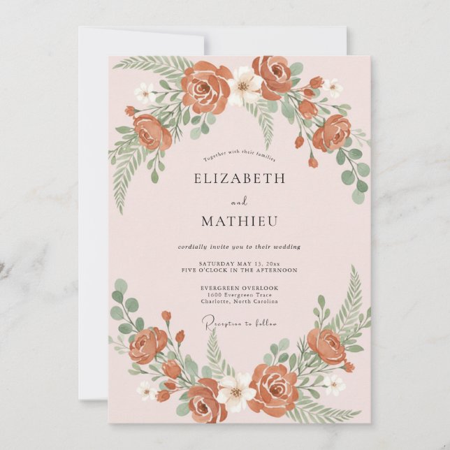 Invitación Boda Floral Refinada de Terracota (Anverso)