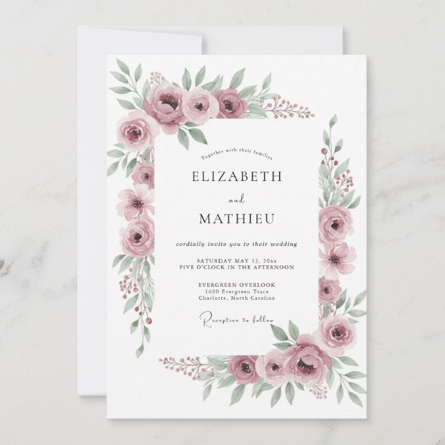 Invitación Boda floral refinada en malva (Anverso)
