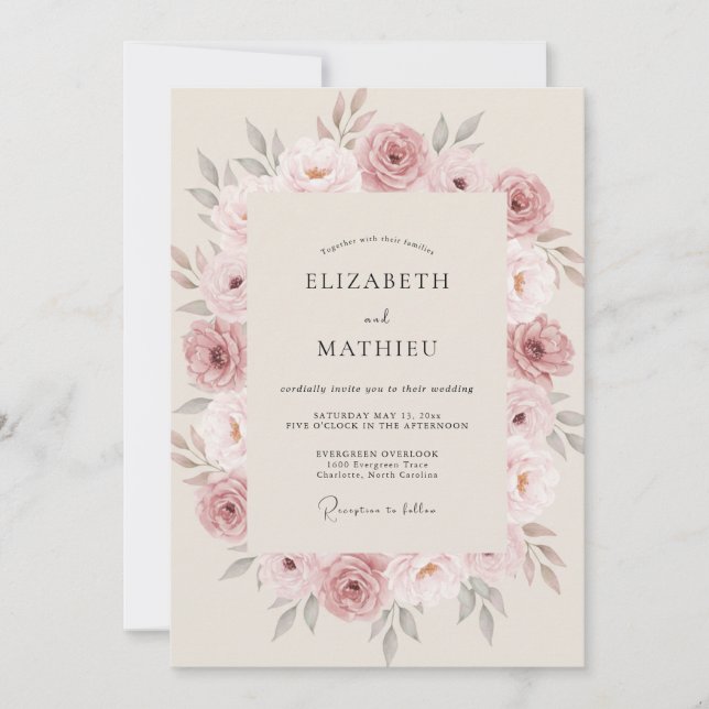 Invitación Boda Floral Refinada Rosa Polvorienta (Anverso)