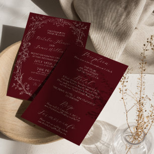 Invitación Boda Floral Retro Borgoña Todo En Uno Dinero Antig