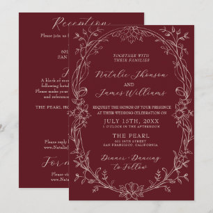 Invitación Boda Floral Retro Borgoña Todo En Uno Dinero Antig