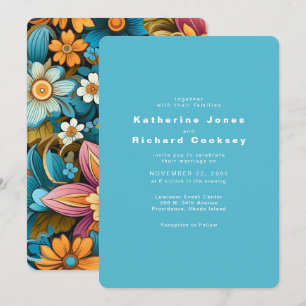 Invitación Boda floral retro contemporánea turquesa