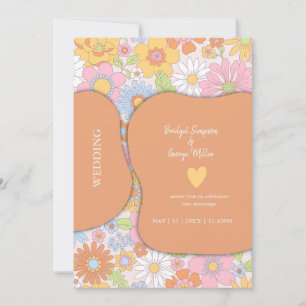 Invitación Boda floral retro de los 70 en tonos pastel