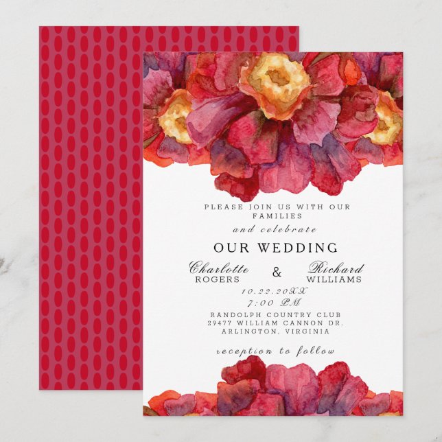 Invitación Boda floral roja audaz y vibrante de Toscana (Anverso / Reverso)