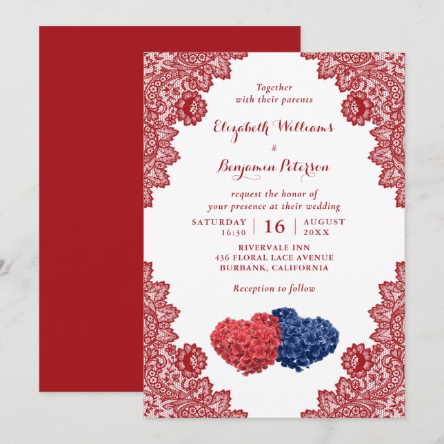 Invitación Boda floral roja azul de la marina rusa personaliz (Anverso / Reverso)