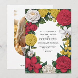 Invitación Boda floral roja, blanca y dorada