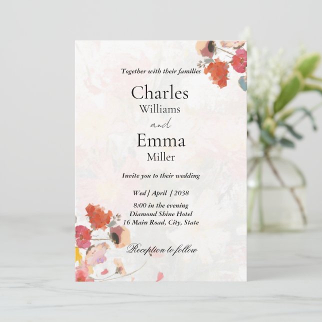 Invitación Boda floral roja boho y rosa rubor (Anverso de pie)