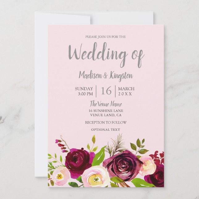 Invitación Boda floral roja rosa de borgoña de Rubor (Anverso)