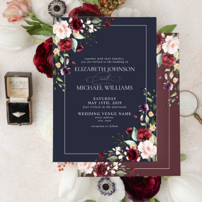 Invitación Boda floral roja rosa de la Marina azul Rubor borg (Subido por el creador)
