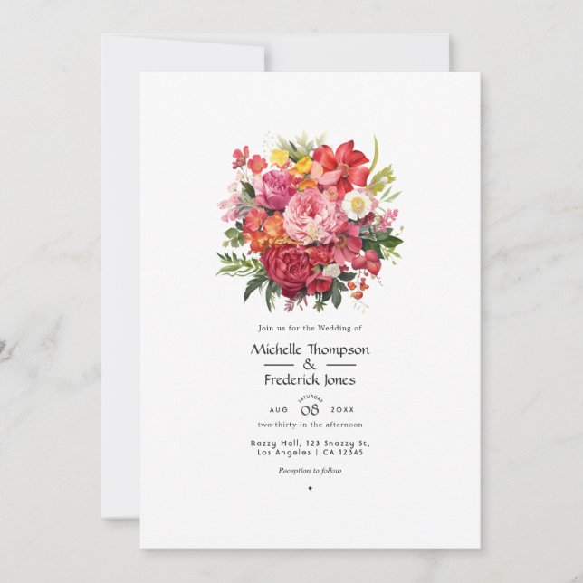 Invitación Boda floral roja, rosa y verde (Anverso)