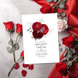 Invitación Boda floral roja y plateada