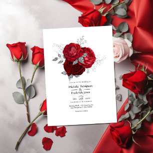 Invitación Boda floral roja y plateada