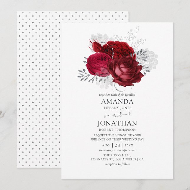Invitación Boda floral roja y plateada (Anverso / Reverso)