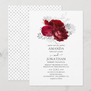 Invitación Boda floral roja y plateada