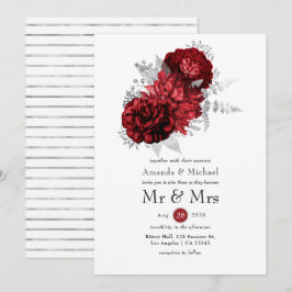 Invitación Boda floral roja y plateada de Sr. y Sra.