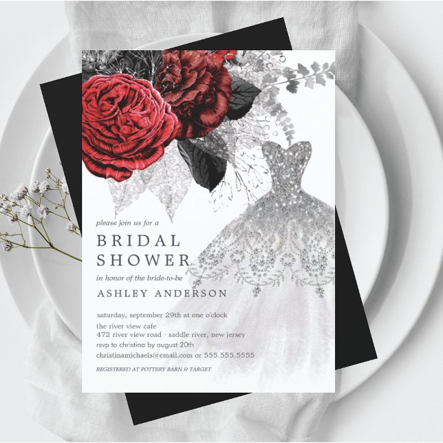 Invitación Boda floral roja y plateada Vestido de novia ducha (Subido por el creador)