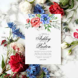 Invitación Boda floral rojo, blanco y azul