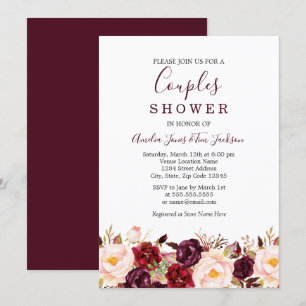Invitación Boda Floral Rojo Borgoña Marsala Ducha para Pareja
