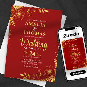 Invitación Boda Floral Rojo Carmesí y Dorado