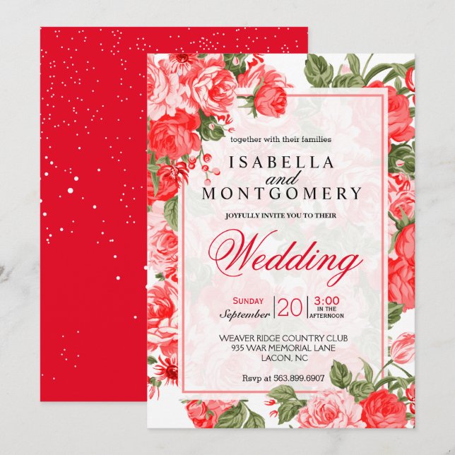 Invitación Boda Floral Rojo Clásico (Anverso / Reverso)