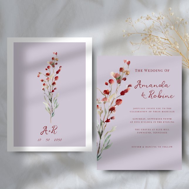 Invitación Boda floral rojo de Borgoña mínimo (Subido por el creador)