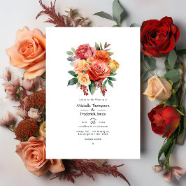 Invitación Boda floral rojo, Naranja y sabio