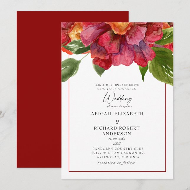 Invitación Boda Floral Rojo Negrita Tuscan Padres (Anverso / Reverso)