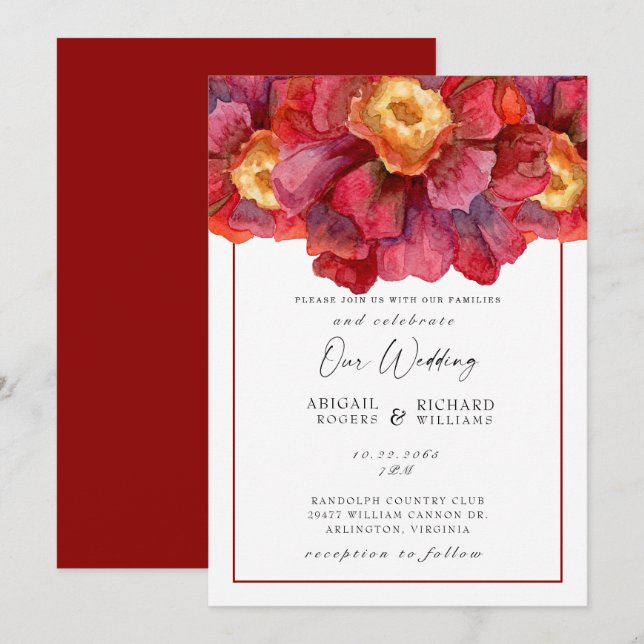 Invitación Boda floral rojo Toscana Negrita y vibrante invita (Anverso / Reverso)