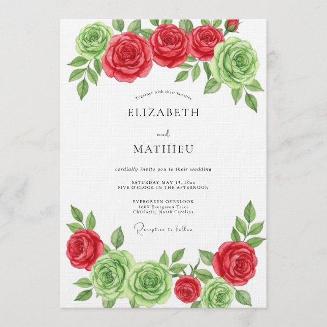 Invitación Boda Floral Rojo Verde en Flor (Anverso)