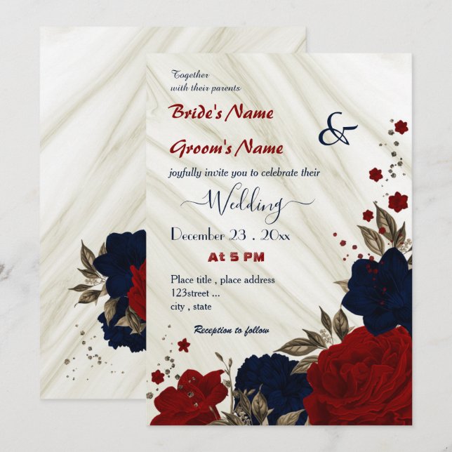 Invitación boda floral rojo y azul marino (Anverso / Reverso)