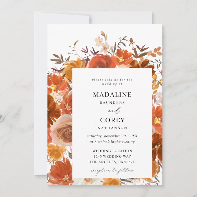 Invitación Boda floral rojo y Naranja otoño (Anverso)
